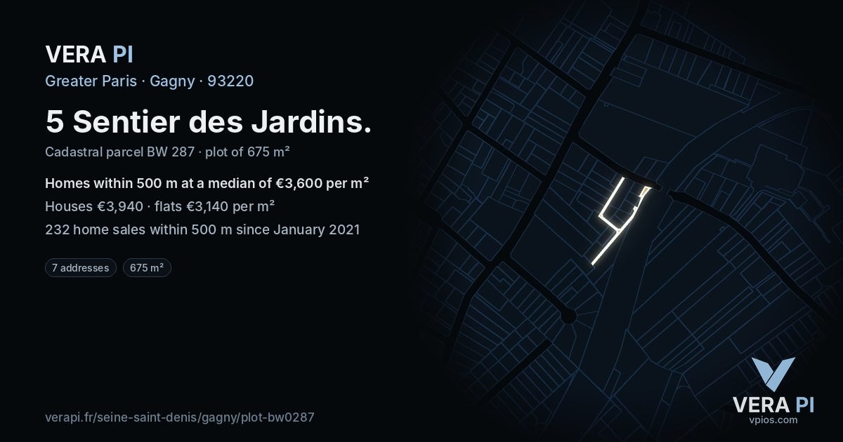 5 Sentier des Jardins, Gagny at night – the plot lit, the parcels around coloured by the prices near them
