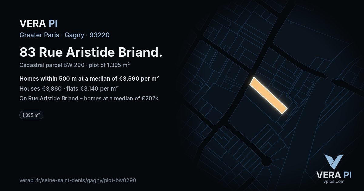 83 Rue Aristide Briand, Gagny at night – the plot lit, the parcels around coloured by the prices near them
