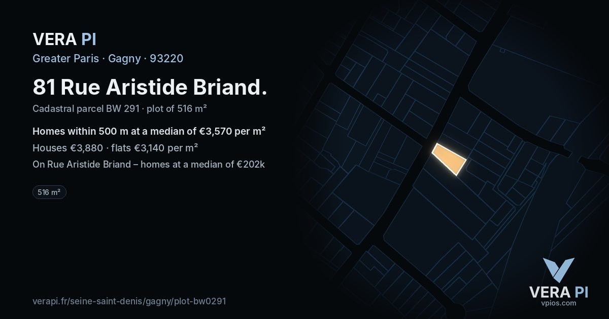 81 Rue Aristide Briand, Gagny at night – the plot lit, the parcels around coloured by the prices near them