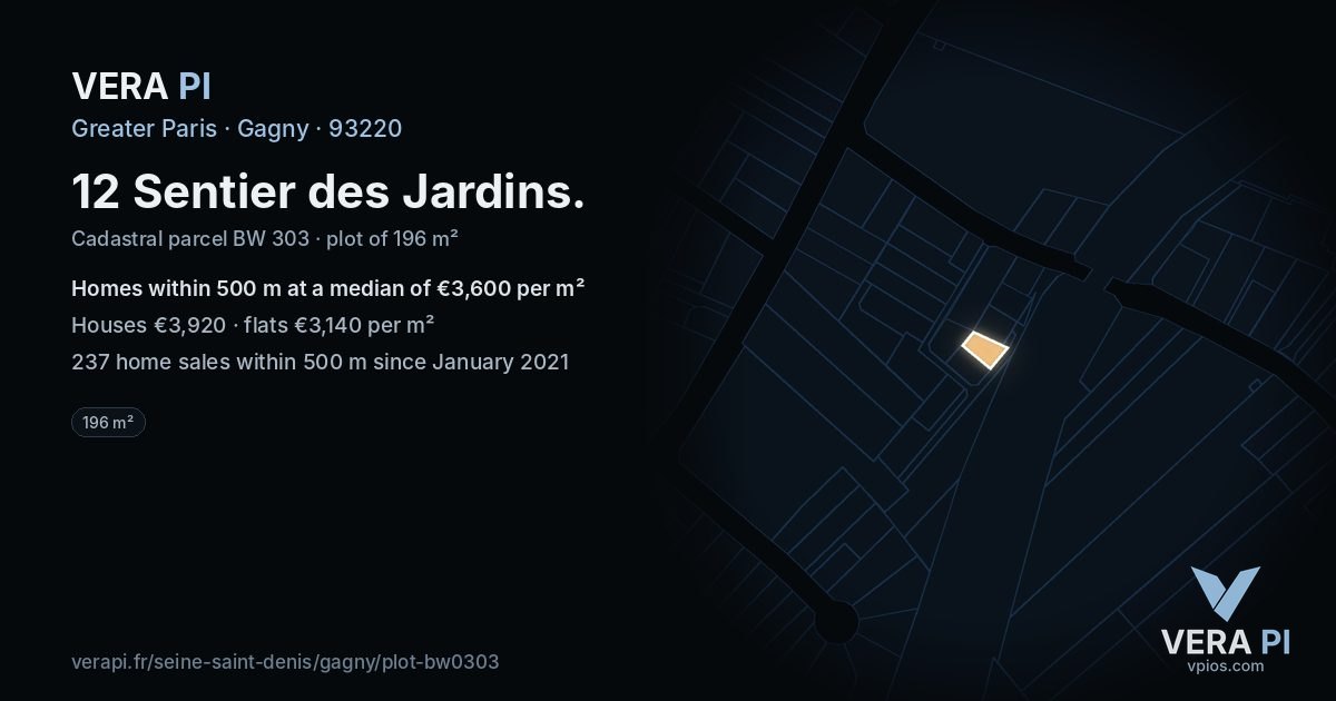 12 Sentier des Jardins, Gagny at night – the plot lit, the parcels around coloured by the prices near them