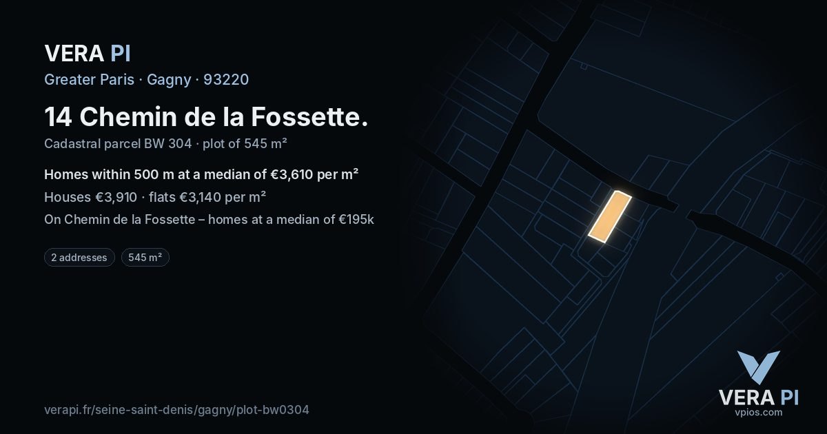 14 Chemin de la Fossette, Gagny at night – the plot lit, the parcels around coloured by the prices near them