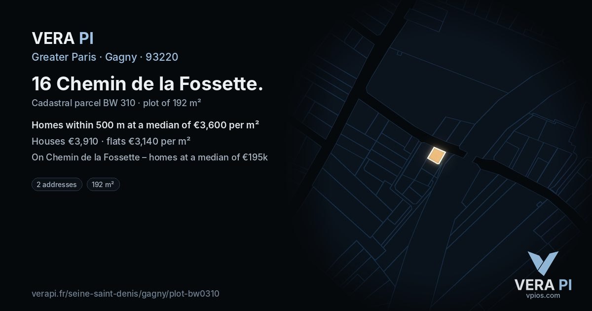 16 Chemin de la Fossette, Gagny at night – the plot lit, the parcels around coloured by the prices near them