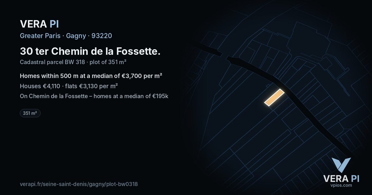 30 ter Chemin de la Fossette, Gagny at night – the plot lit, the parcels around coloured by the prices near them