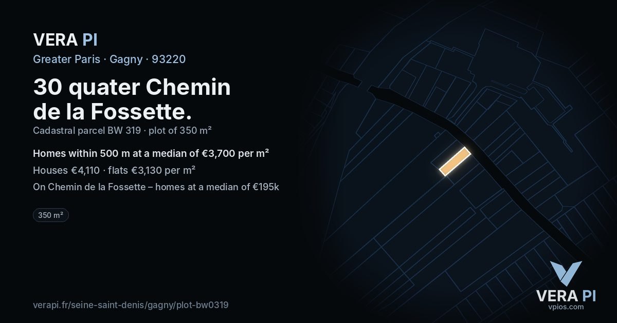 30 quater Chemin de la Fossette, Gagny at night – the plot lit, the parcels around coloured by the prices near them