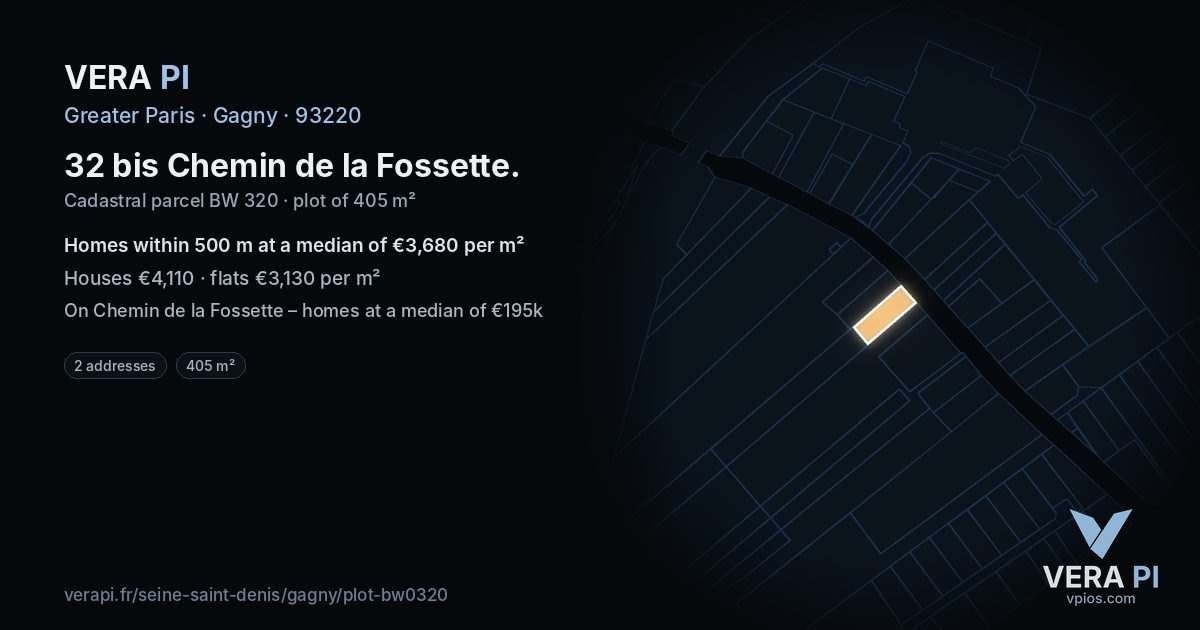 32 bis Chemin de la Fossette, Gagny at night – the plot lit, the parcels around coloured by the prices near them