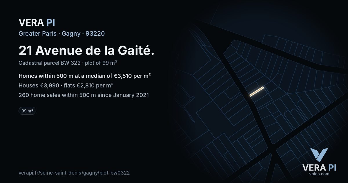 21 Avenue de la Gaité, Gagny at night – the plot lit, the parcels around coloured by the prices near them