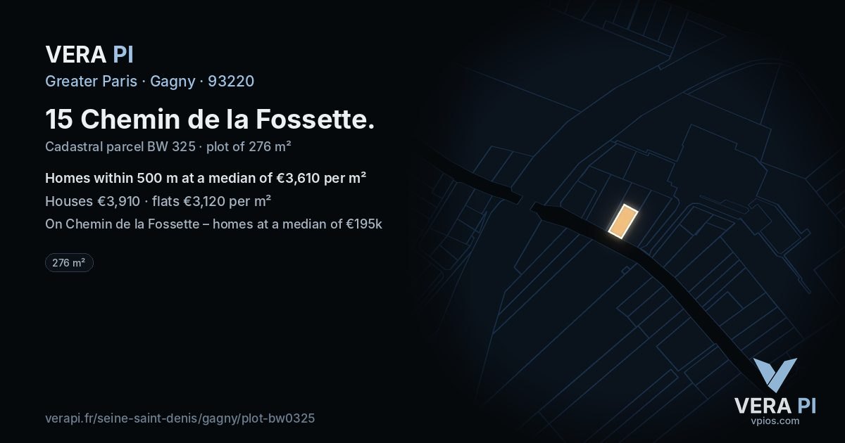 15 Chemin de la Fossette, Gagny at night – the plot lit, the parcels around coloured by the prices near them