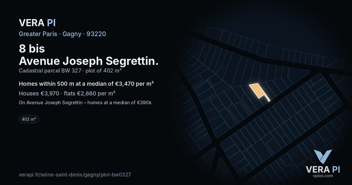 8 bis Avenue Joseph Segrettin, Gagny at night – the plot lit, the parcels around coloured by the prices near them