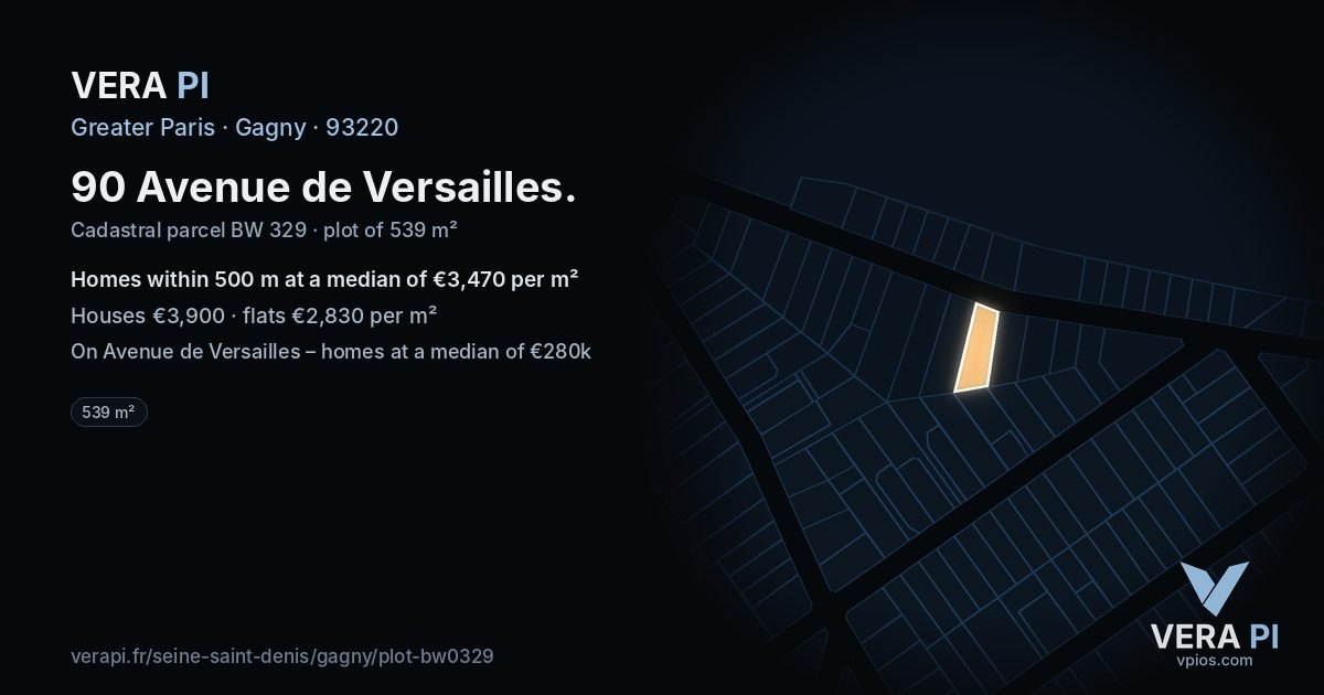 90 Avenue de Versailles, Gagny at night – the plot lit, the parcels around coloured by the prices near them