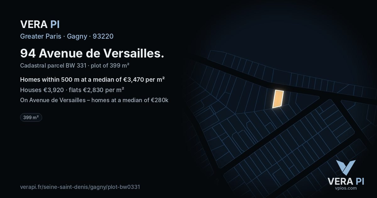 94 Avenue de Versailles, Gagny at night – the plot lit, the parcels around coloured by the prices near them