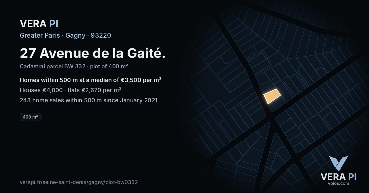 27 Avenue de la Gaité, Gagny at night – the plot lit, the parcels around coloured by the prices near them