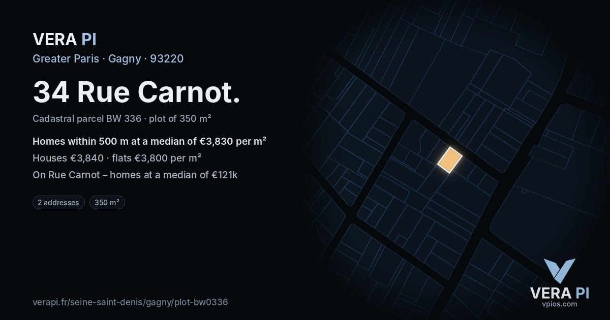 34 Rue Carnot, Gagny at night – the plot lit, the parcels around coloured by the prices near them