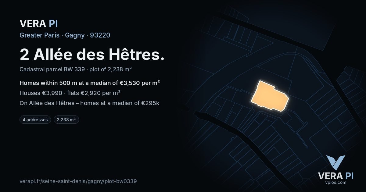 2 Allée des Hêtres, Gagny at night – the plot lit, the parcels around coloured by the prices near them