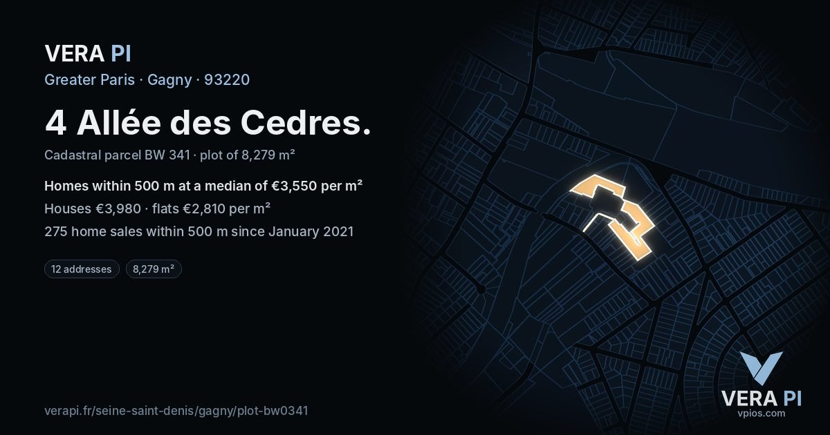 4 Allée des Cedres, Gagny at night – the plot lit, the parcels around coloured by the prices near them