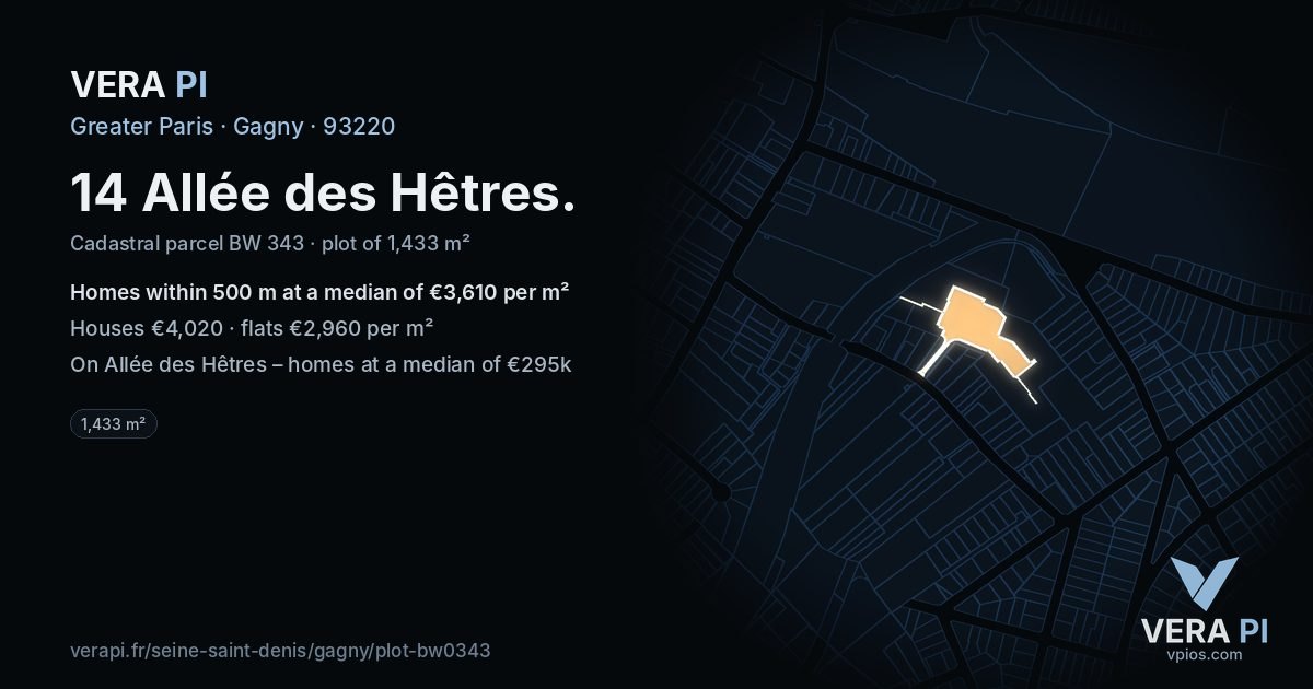14 Allée des Hêtres, Gagny at night – the plot lit, the parcels around coloured by the prices near them
