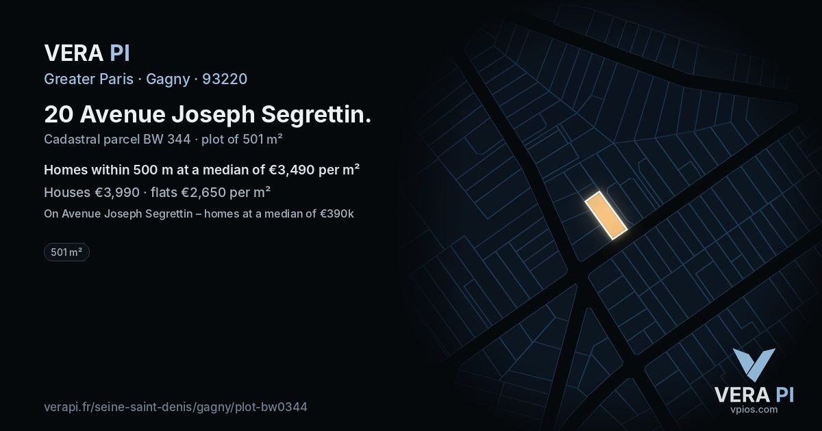 20 Avenue Joseph Segrettin, Gagny at night – the plot lit, the parcels around coloured by the prices near them