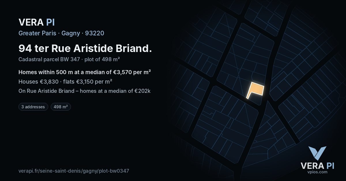 94 ter Rue Aristide Briand, Gagny at night – the plot lit, the parcels around coloured by the prices near them