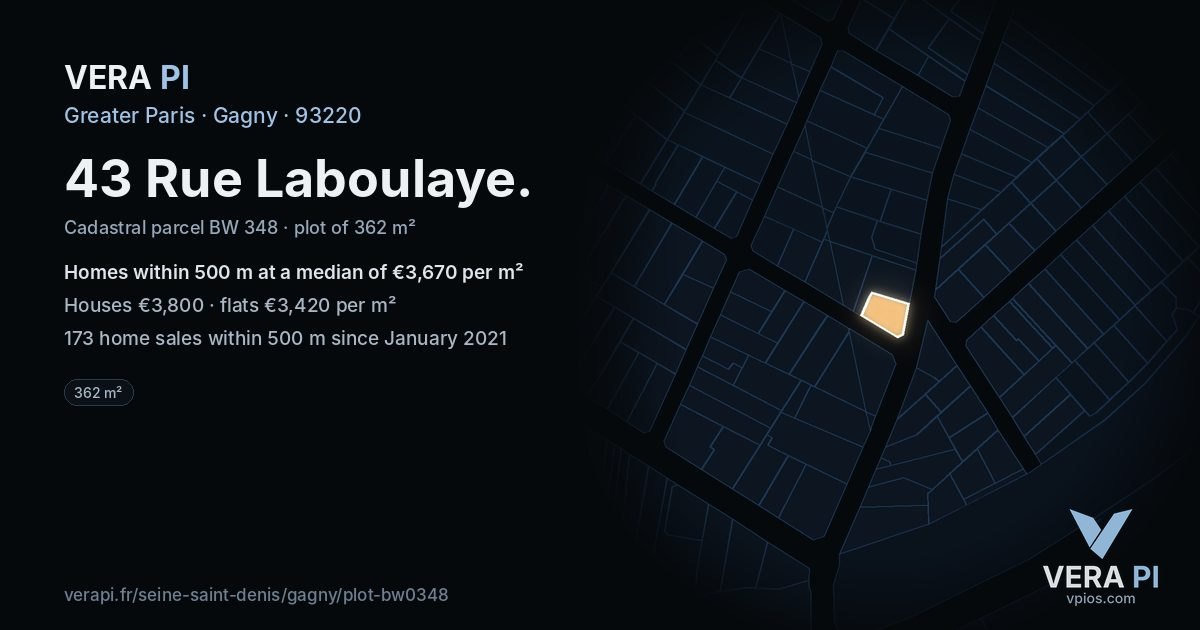 43 Rue Laboulaye, Gagny at night – the plot lit, the parcels around coloured by the prices near them