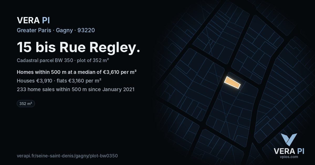 15 bis Rue Regley, Gagny at night – the plot lit, the parcels around coloured by the prices near them