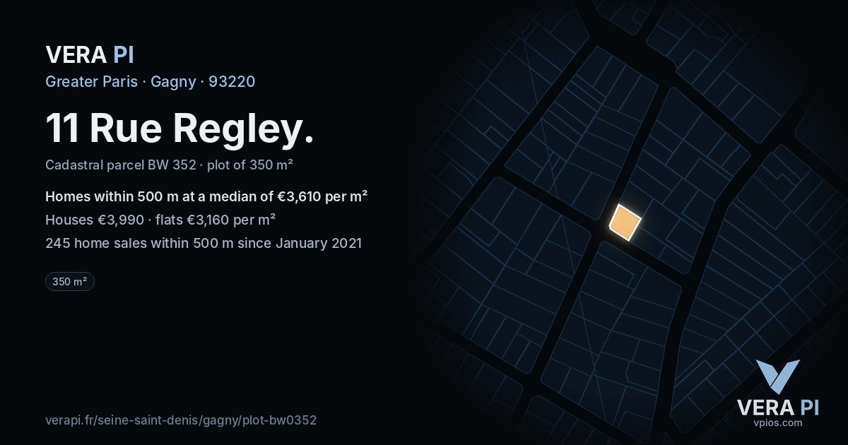 11 Rue Regley, Gagny at night – the plot lit, the parcels around coloured by the prices near them