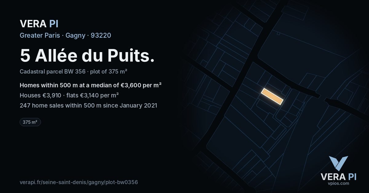5 Allée du Puits, Gagny at night – the plot lit, the parcels around coloured by the prices near them