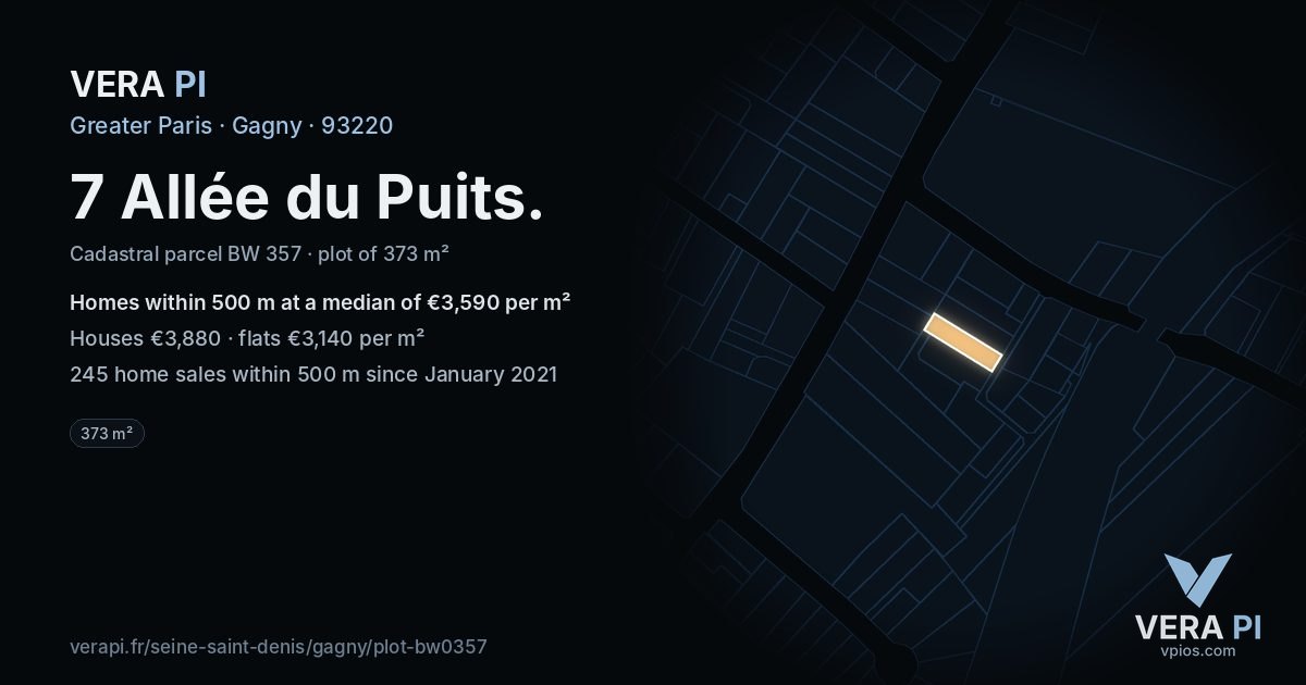 7 Allée du Puits, Gagny at night – the plot lit, the parcels around coloured by the prices near them
