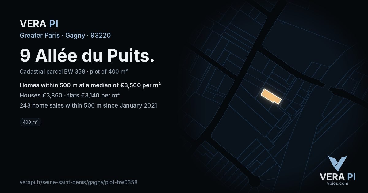 9 Allée du Puits, Gagny at night – the plot lit, the parcels around coloured by the prices near them