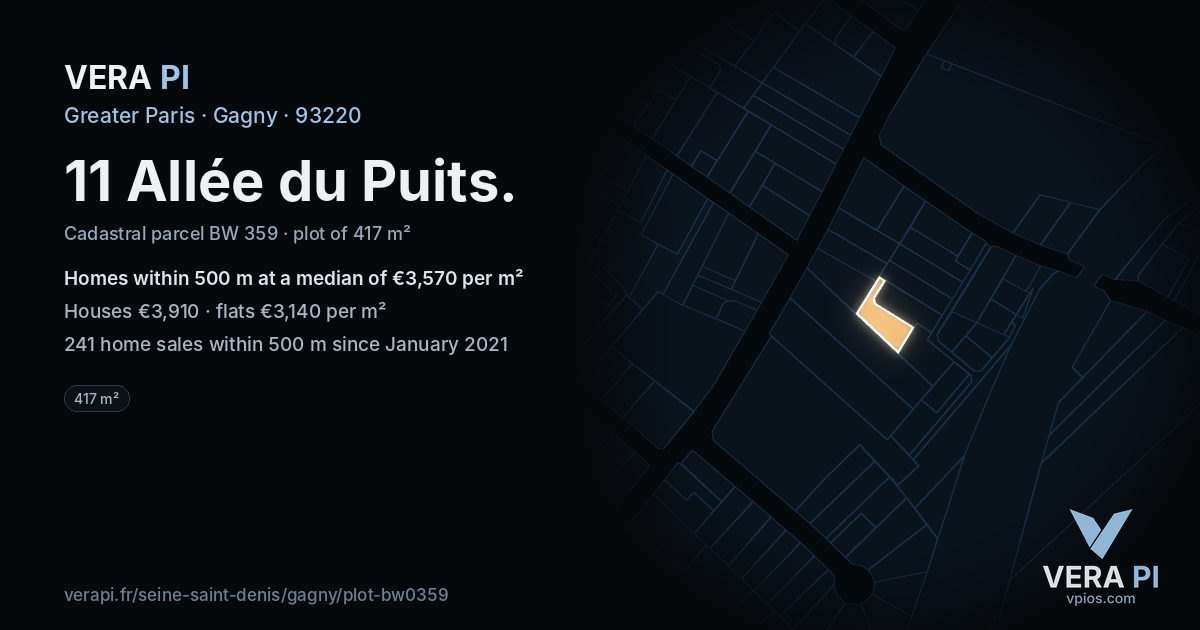 11 Allée du Puits, Gagny at night – the plot lit, the parcels around coloured by the prices near them