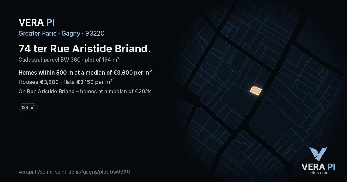 74 ter Rue Aristide Briand, Gagny at night – the plot lit, the parcels around coloured by the prices near them