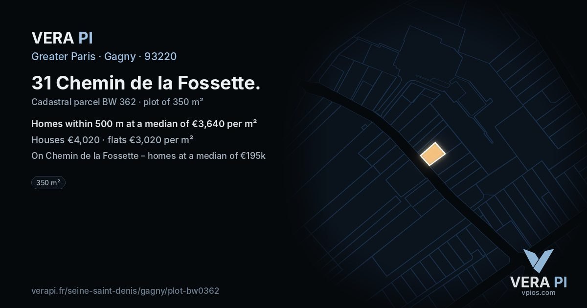 31 Chemin de la Fossette, Gagny at night – the plot lit, the parcels around coloured by the prices near them