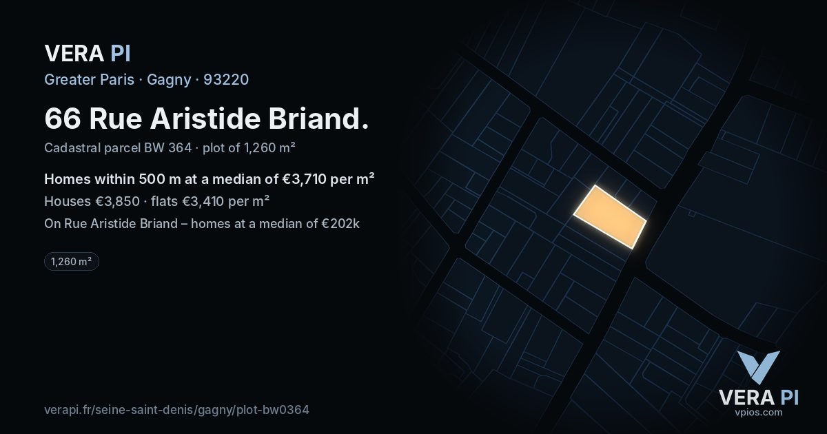 66 Rue Aristide Briand, Gagny at night – the plot lit, the parcels around coloured by the prices near them