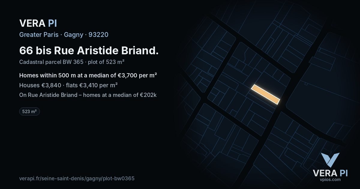 66 bis Rue Aristide Briand, Gagny at night – the plot lit, the parcels around coloured by the prices near them