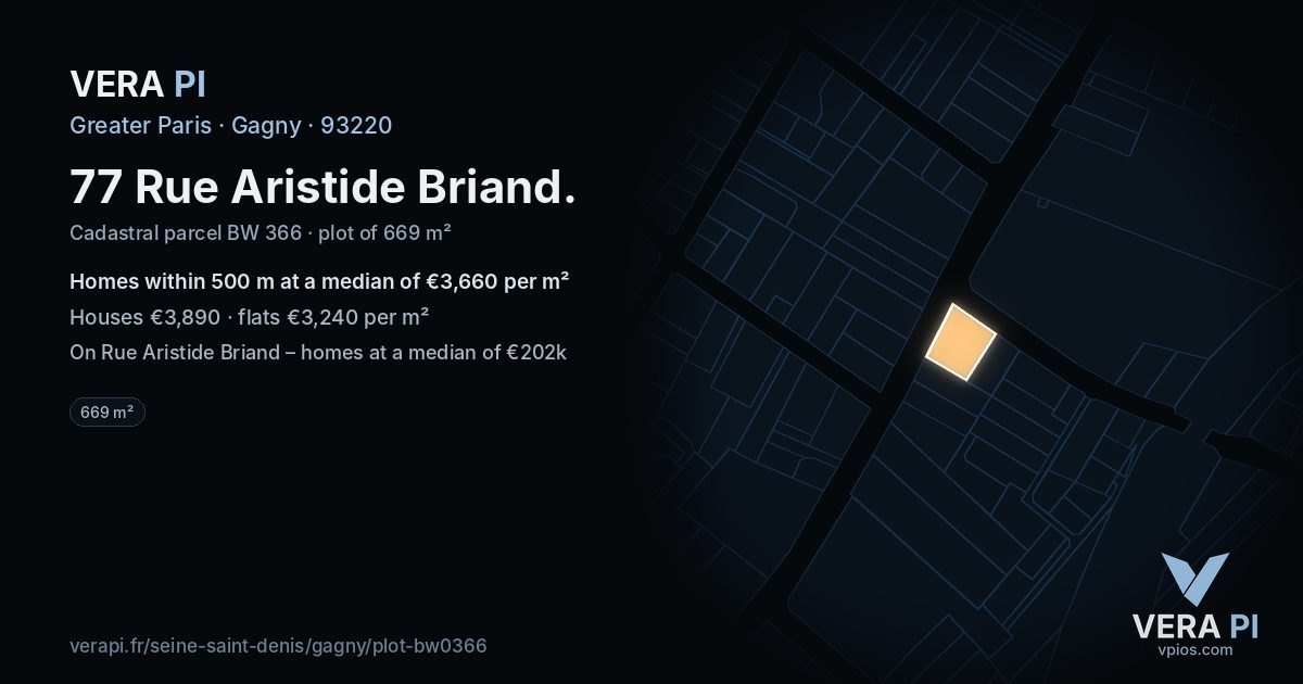 77 Rue Aristide Briand, Gagny at night – the plot lit, the parcels around coloured by the prices near them