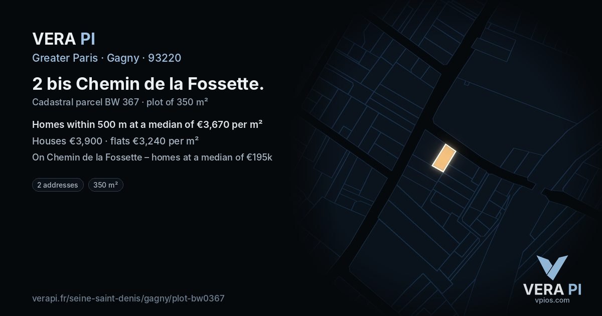 2 bis Chemin de la Fossette, Gagny at night – the plot lit, the parcels around coloured by the prices near them