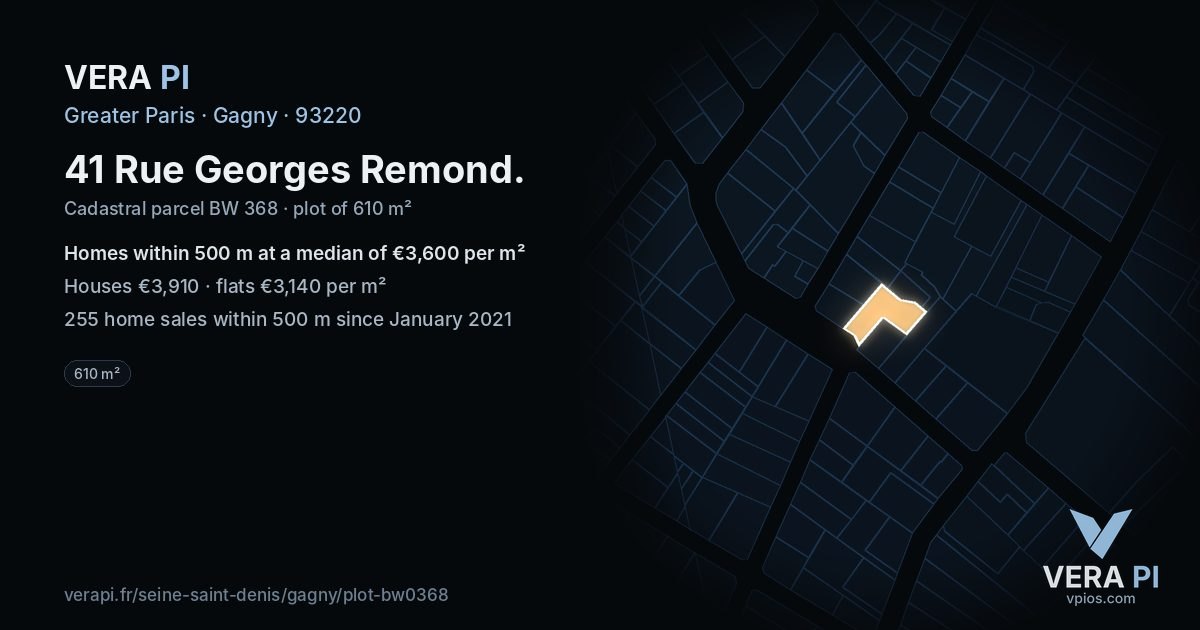 41 Rue Georges Remond, Gagny at night – the plot lit, the parcels around coloured by the prices near them