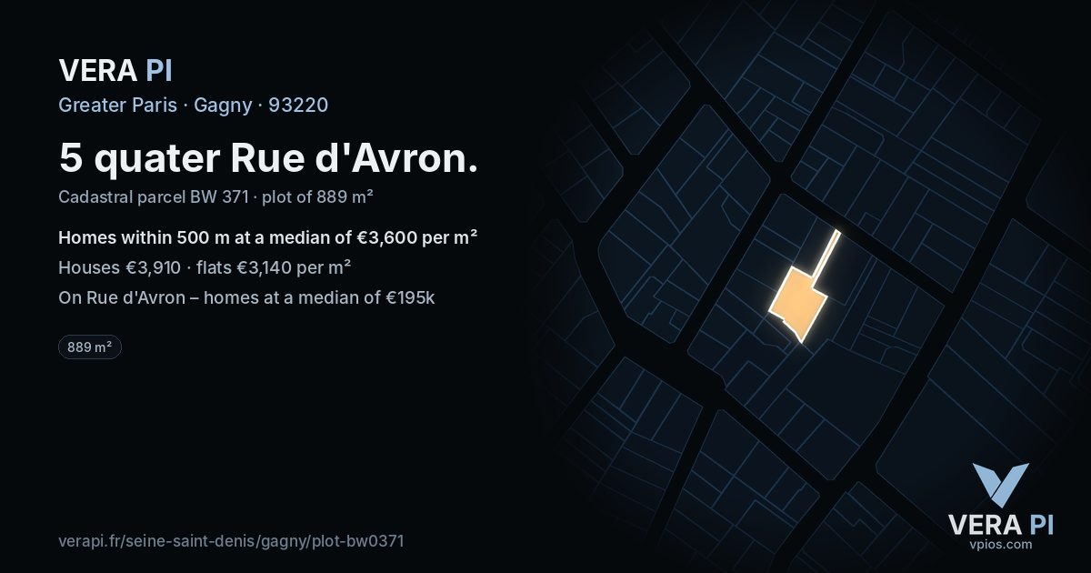 5 quater Rue d'Avron, Gagny at night – the plot lit, the parcels around coloured by the prices near them