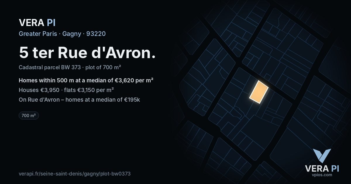 5 ter Rue d'Avron, Gagny at night – the plot lit, the parcels around coloured by the prices near them