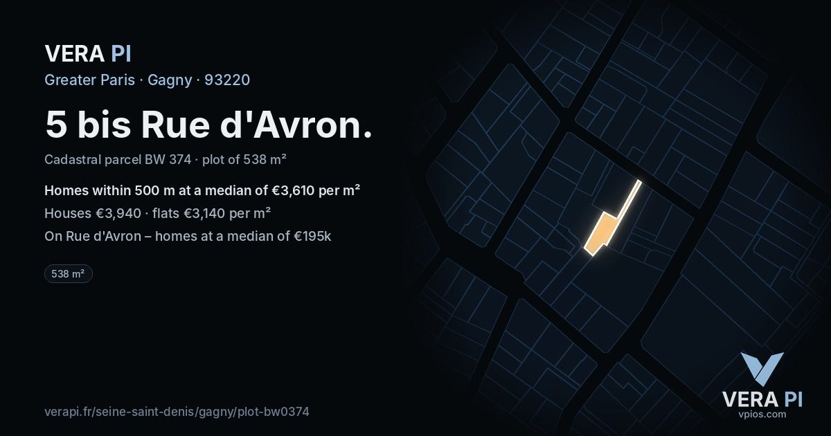 5 bis Rue d'Avron, Gagny at night – the plot lit, the parcels around coloured by the prices near them