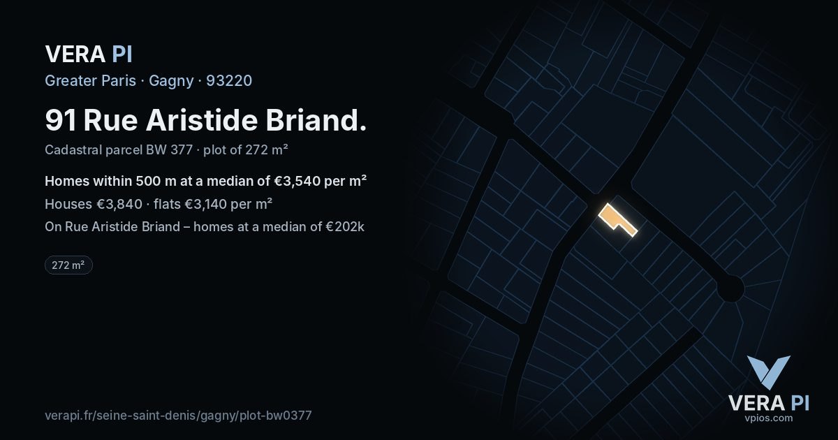 91 Rue Aristide Briand, Gagny at night – the plot lit, the parcels around coloured by the prices near them