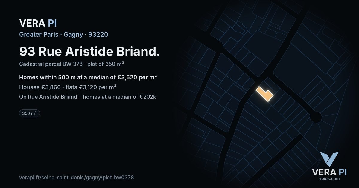 93 Rue Aristide Briand, Gagny at night – the plot lit, the parcels around coloured by the prices near them