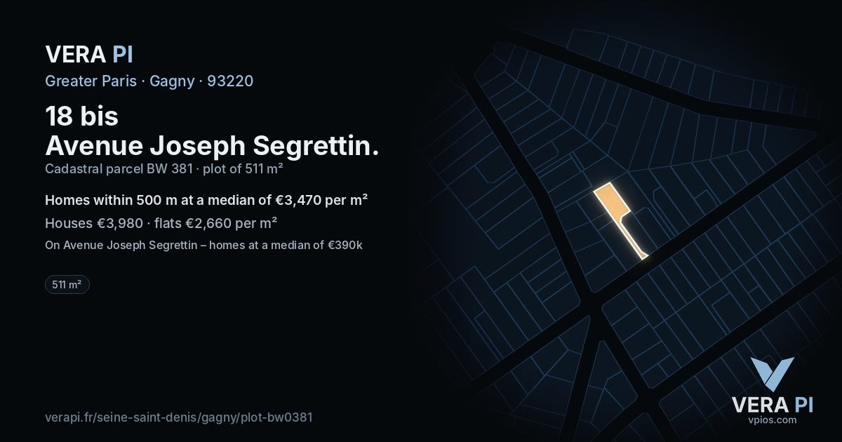 18 bis Avenue Joseph Segrettin, Gagny at night – the plot lit, the parcels around coloured by the prices near them