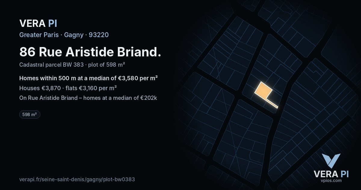 86 Rue Aristide Briand, Gagny at night – the plot lit, the parcels around coloured by the prices near them