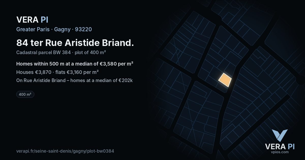84 ter Rue Aristide Briand, Gagny at night – the plot lit, the parcels around coloured by the prices near them
