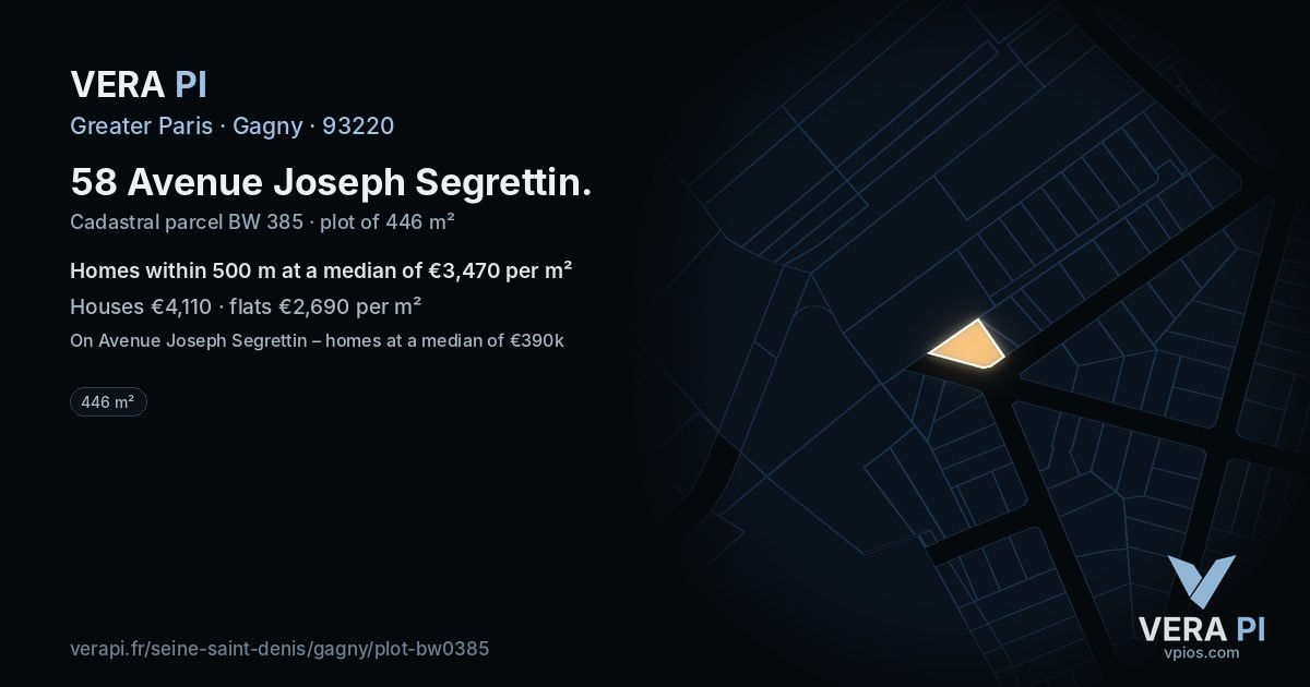 58 Avenue Joseph Segrettin, Gagny at night – the plot lit, the parcels around coloured by the prices near them