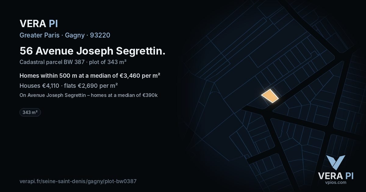 56 Avenue Joseph Segrettin, Gagny at night – the plot lit, the parcels around coloured by the prices near them