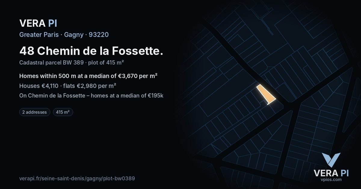 48 Chemin de la Fossette, Gagny at night – the plot lit, the parcels around coloured by the prices near them