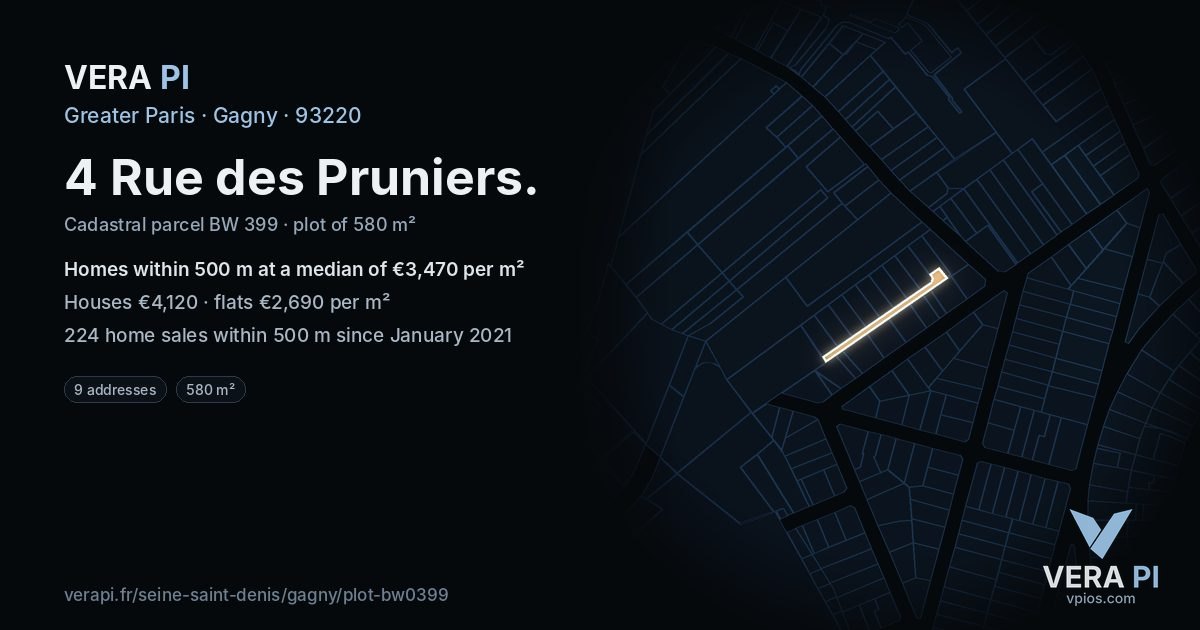 4 Rue des Pruniers, Gagny at night – the plot lit, the parcels around coloured by the prices near them