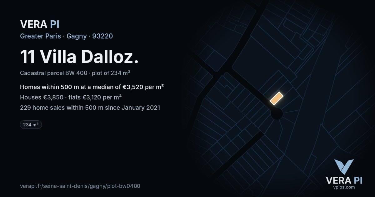 11 Villa Dalloz, Gagny at night – the plot lit, the parcels around coloured by the prices near them