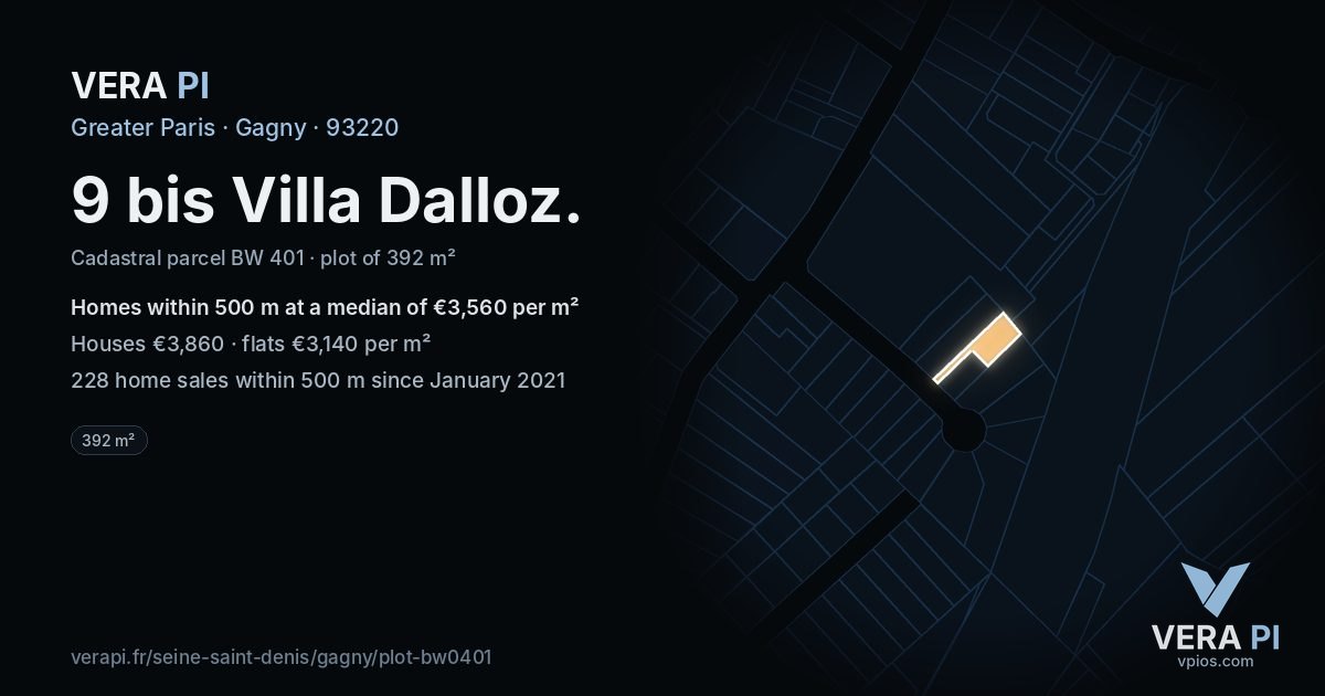 9 bis Villa Dalloz, Gagny at night – the plot lit, the parcels around coloured by the prices near them