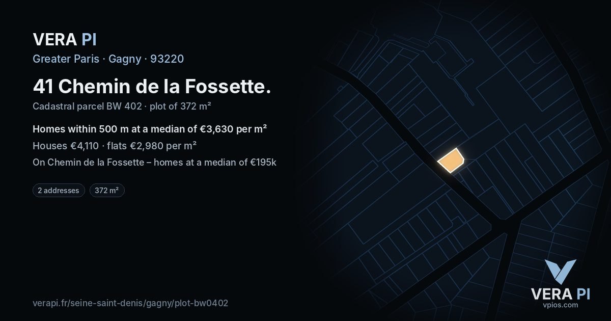 41 Chemin de la Fossette, Gagny at night – the plot lit, the parcels around coloured by the prices near them